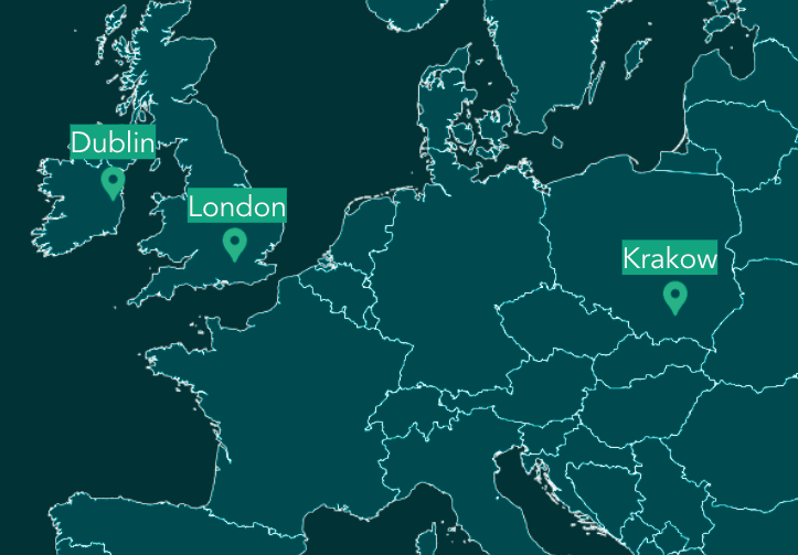 Map highlighting Dublin, London, and Kraków